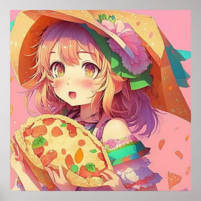 Söt Anime Girl Holding Pizza Poster (Framsidan)