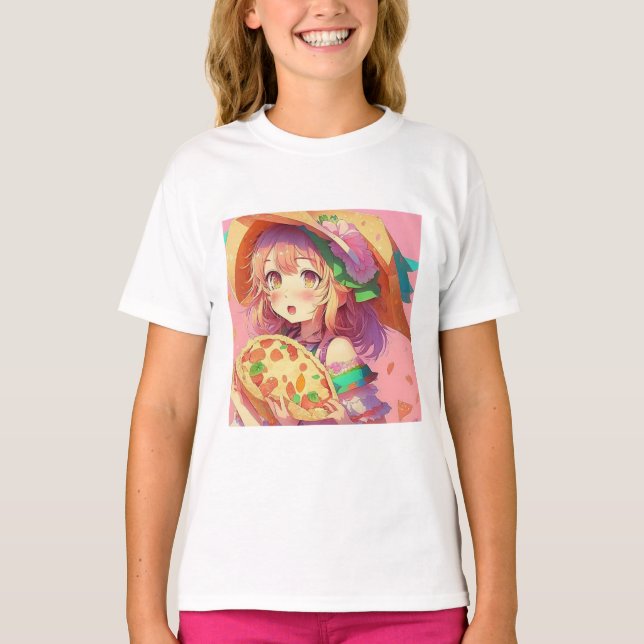 Söt Anime Girl Holding Pizza T Shirt (Framsida)