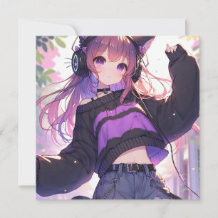 Söt Anime Girl i hörlurar med Cat Öron