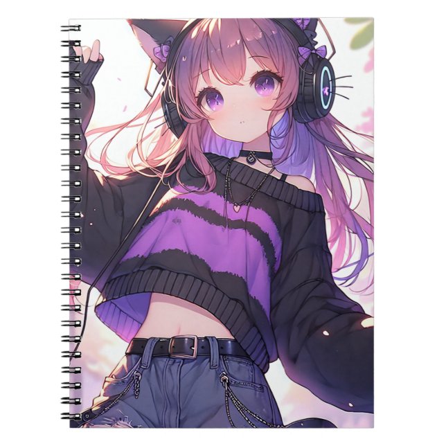 Söt Anime Girl i hörlurar med Cat Öron Anteckningsbok (Framsidan)