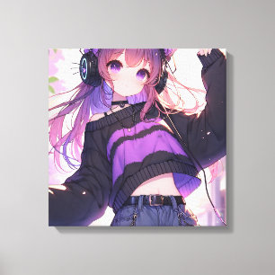 Söt Anime Girl i hörlurar med Cat Öron Canvastryck