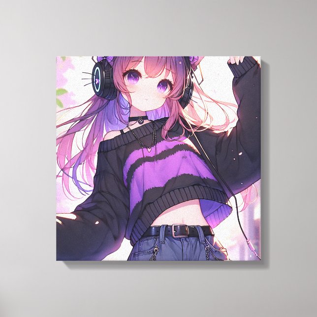 Söt Anime Girl i hörlurar med Cat Öron Canvastryck (Framsida)