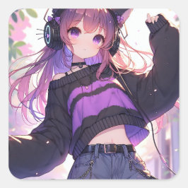 Söt Anime Girl i hörlurar med Cat Öron Fyrkantigt Klistermärke