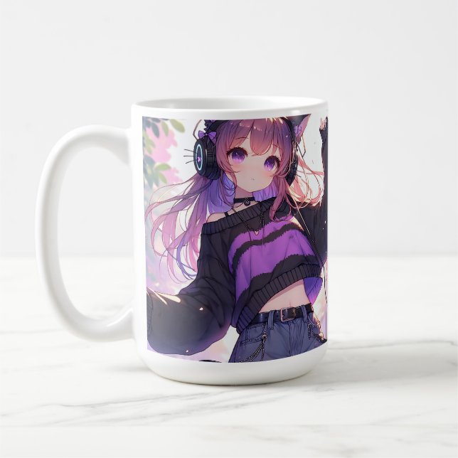 Söt Anime Girl i hörlurar med Cat Öron Kaffemugg (Vänster)