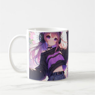 Söt Anime Girl i hörlurar med Cat Öron Kaffemugg