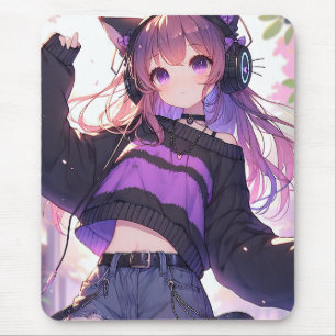 Söt Anime Girl i hörlurar med Cat Öron Musmatta