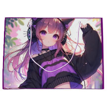 Söt Anime Girl i hörlurar på födelsedagen