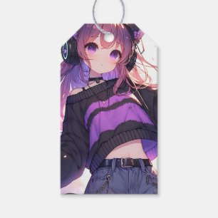 Söt Anime Girl i hörlurar på födelsedagen Presentetikett