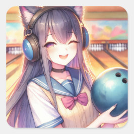 Söt Anime Girl in Bowling Födelsedagsfest Fyrkantigt Klistermärke