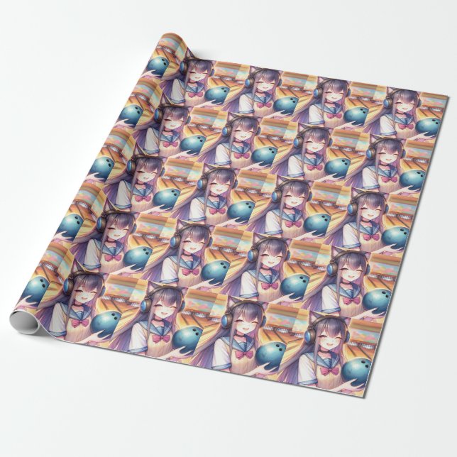 Söt Anime Girl in Bowling Födelsedagsfest Presentpapper (Utrullad)