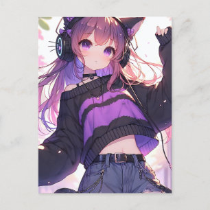 Söt Anime Girl in Headphone Födelsedagsfest Vykort