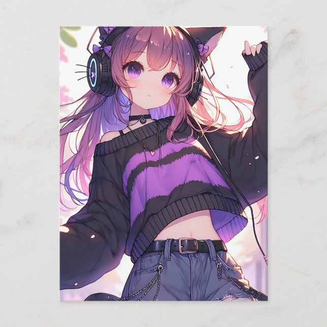 Söt Anime Girl in Headphone Födelsedagsfest Vykort (Framsida)
