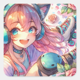 Söt Anime Girl in Roller Skates Födelsedagsfest Fyrkantigt Klistermärke