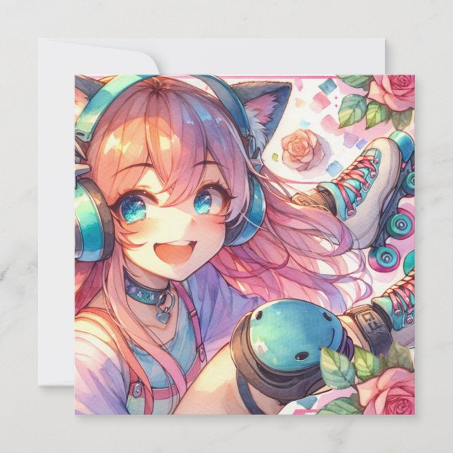 Söt Anime Girl in Roller Skates Födelsedagsfest Inbjudningar (Framsida)