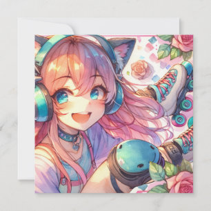 Söt Anime Girl in Roller Skates Födelsedagsfest Inbjudningar