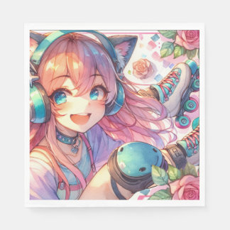 Söt Anime Girl in Roller Skates Födelsedagsfest Pappersservett