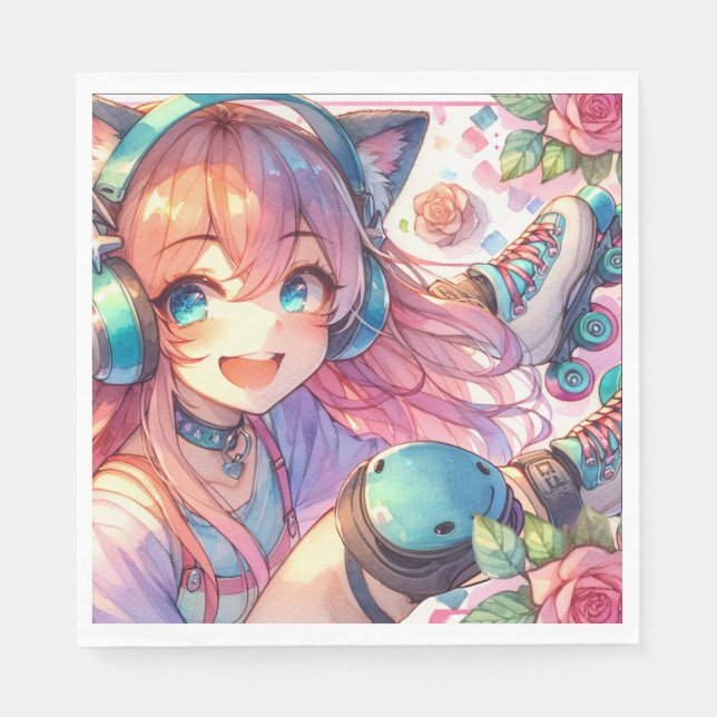 Söt Anime Girl in Roller Skates Födelsedagsfest Pappersservett (Framsidan)