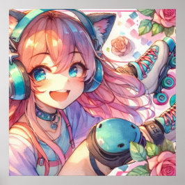 Söt Anime Girl in Roller Skates Poster