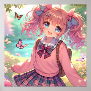 Söt Anime Girl in Rosa Pigtails Poster