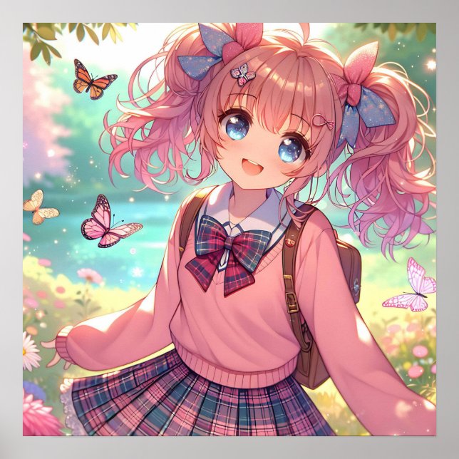 Söt Anime Girl in Rosa Pigtails Poster (Framsidan)