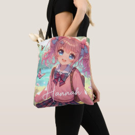 Söt Anime Girl in Rosa Pigtails Tygkasse