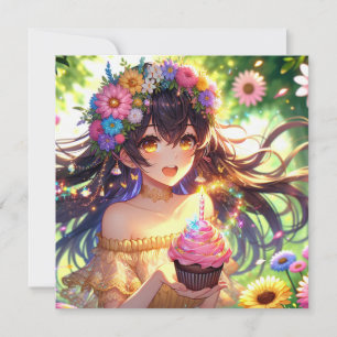 Söt Anime Girl med Cupkaka Birthday Inbjudningar