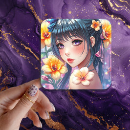 Söt Anime Girl med Lila Ögon Fyrkantigt Klistermärke