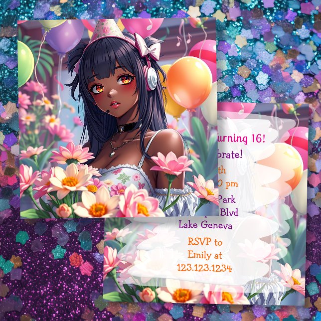 Söt Anime Girl of Färg Personlig Birthday Inbjudningar (Skapare uppladdad)