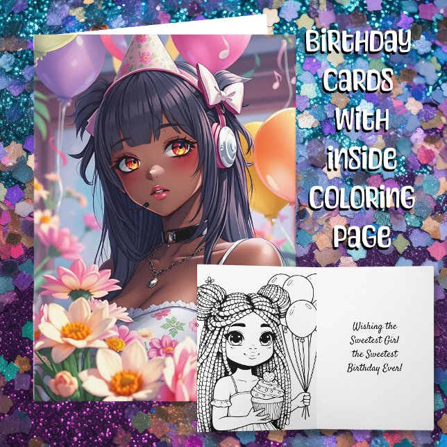 Söt Anime Girl of Färg Personlig Birthday Kort (Skapare uppladdad)