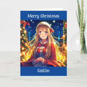Söt Anime Girl på vinterjul Kort