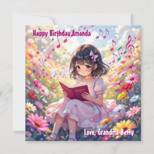 Söt Anime Girl Reading Färgning Sidfödelsedag Kort