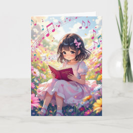 Söt Anime Girl Reading | Färgning Sidfödelsedag Kort