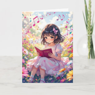 Söt Anime Girl Reading Färgning Sidfödelsedag Kort