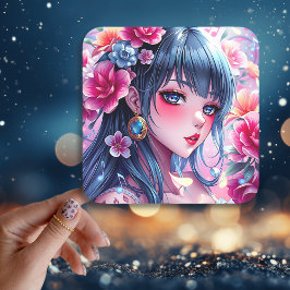 Söt Anime Girl with Blue Ögon Fyrkantigt Klistermärke