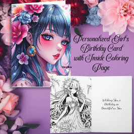 Söt Anime Girl with Blue Ögon Girl's Birthday Kort