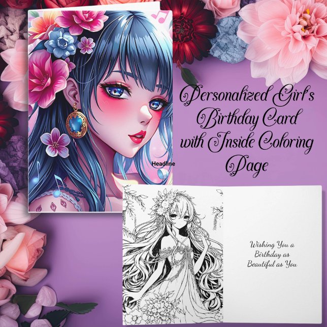 Söt Anime Girl with Blue Ögon Girl's Birthday Kort (Skapare uppladdad)