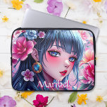 Söt Anime Girl with Blue Ögon Personlig Laptop Fodral<br><div class="desc">Personlig tabblock. Fin flicka med blå ögon och blått hår omgivet av rosa och blåa blommor. Söt blommigt och animera den digitala aikonsten.</div>