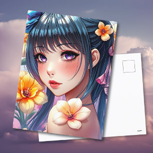 Söt Anime Girl with Daffodils   Behålla i Touch Vykort