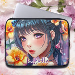 Söt Anime Girl with Daffodils Personlig Laptop Fodral<br><div class="desc">Personlig tabblock. Snygg flicka med lila ögon och mörk hår omringat av gult daffodils. Söt blommigt och animera den digitala aikonsten.</div>