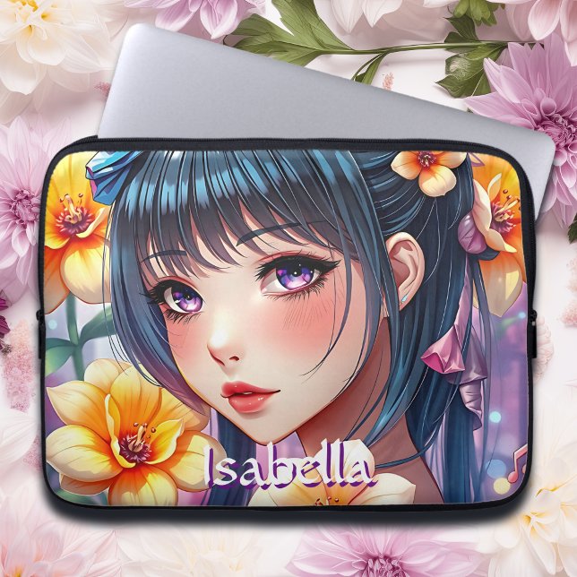Söt Anime Girl with Daffodils Personlig Laptop Fodral (Skapare uppladdad)