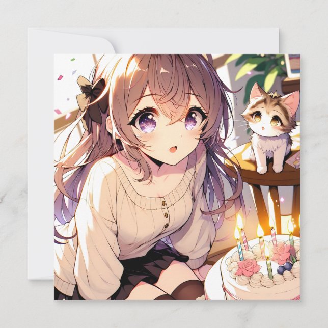 Söt Anime Girl with Kitten and Birthday Cake Inbjudningar (Framsida)
