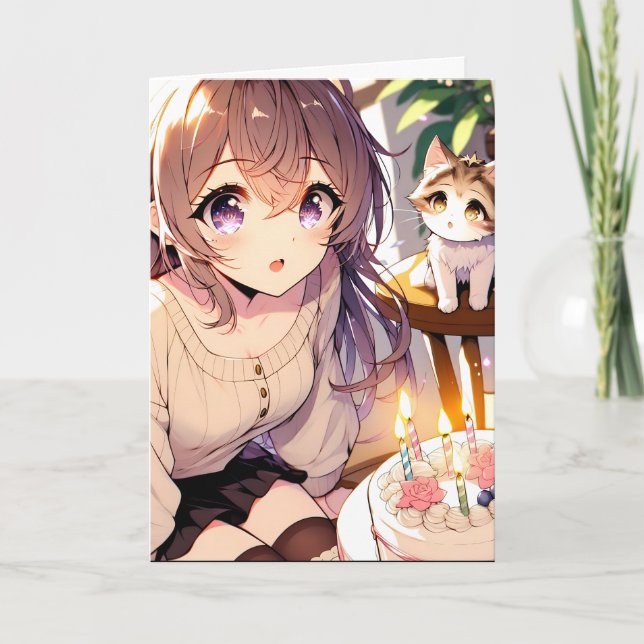 Söt Anime Girl with Kitten and Birthday Cake Kort (Framsida)