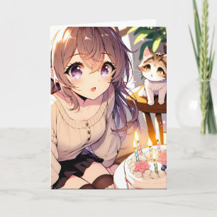 Söt Anime Girl with Kitten and Birthday Cake Kort