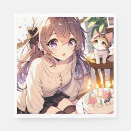 Söt Anime Girl with Kitten and Birthday Cake Pappersservett