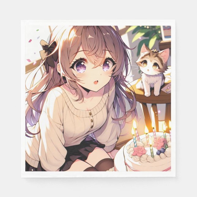 Söt Anime Girl with Kitten and Birthday Cake Pappersservett (Framsidan)