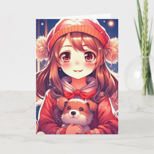 Söt Anime Girl with Puppy and Ear Muffs Helgkort