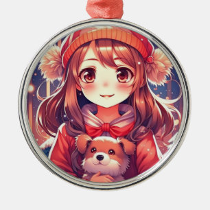 Söt Anime Girl with Puppy and Ear Muffs Julgransprydnad Metall