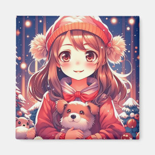Söt Anime Girl with Puppy and Ear Muffs Magnet