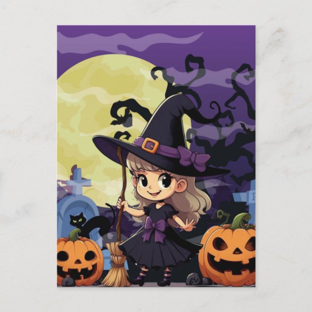 Söt Anime Halloween-häxa Vykort (Framsida)