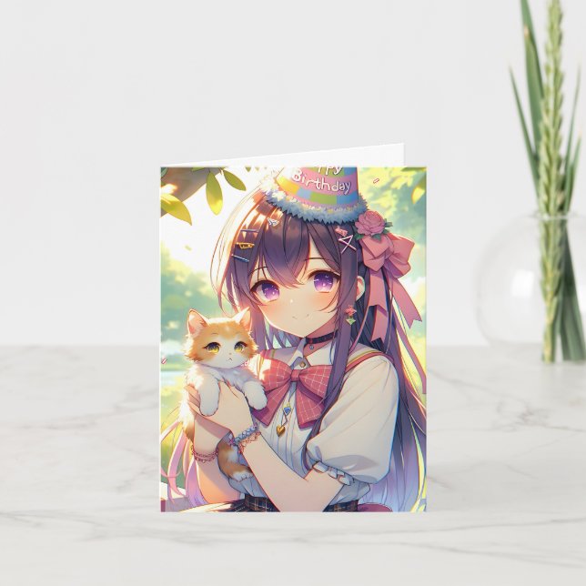 Söt Anime Holding Kitten Girl's Birthday Inbjudan (Framsida)